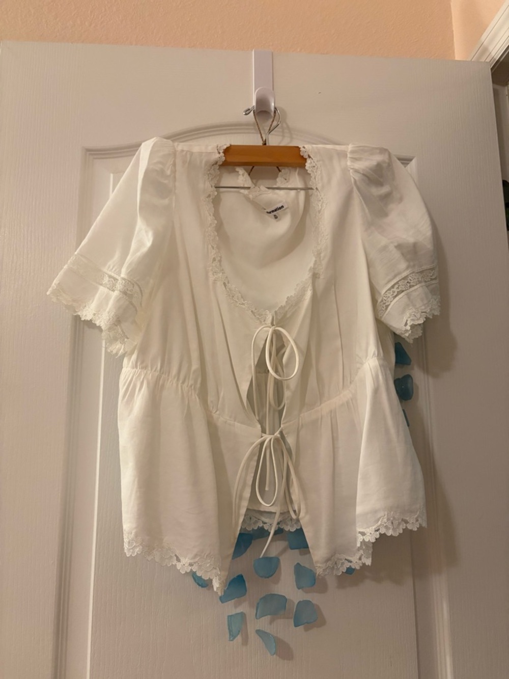 Reformation White Lace-Trim Tie-Front Blouse